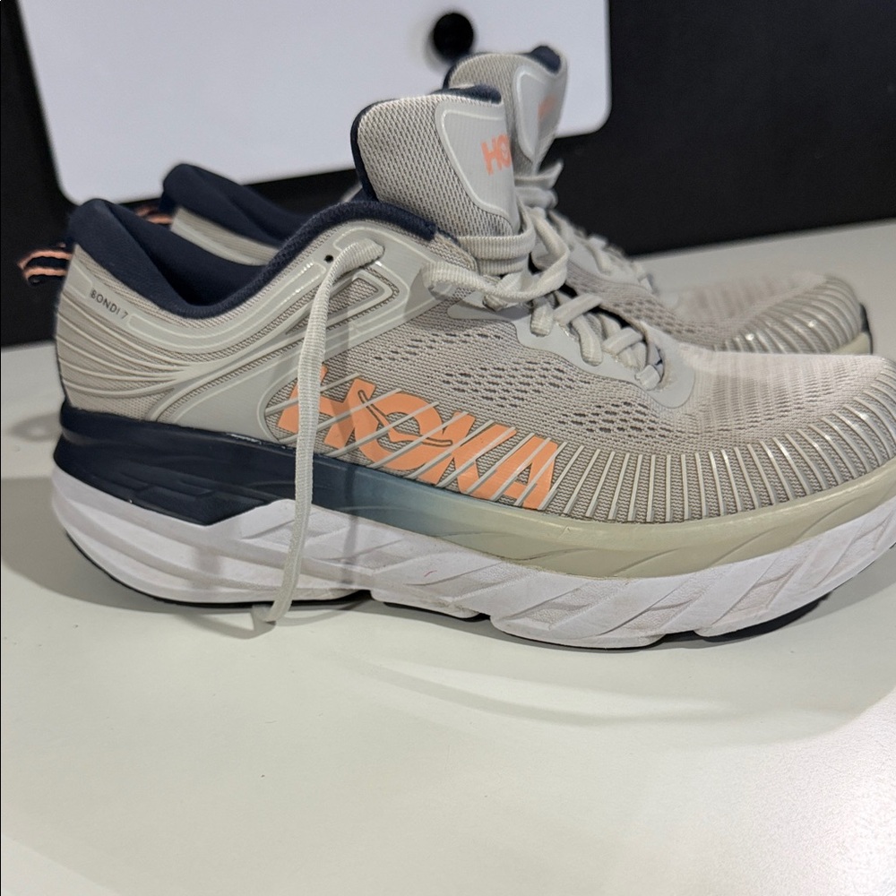 Hoka Neutral Gray with Peach Logo Bondi 7 Running Shoes